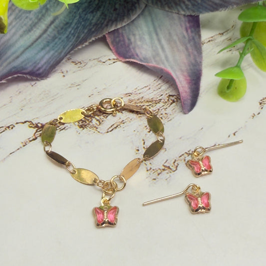 Pink Crystal Butterfly Charm Gold Oval Link Doll Necklace & Earrings • 14 Inch Fashion Doll Jewelry