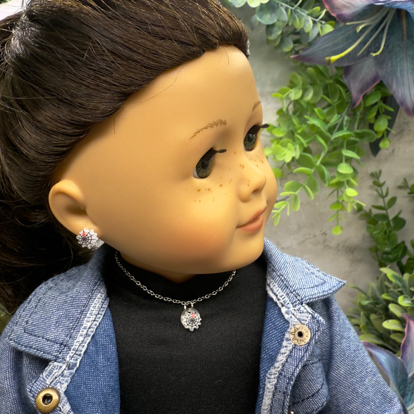 Spider Web Halloween Doll Necklace and 2mm Post Earrings Set • 18 Inch Fashion Doll Jewelry