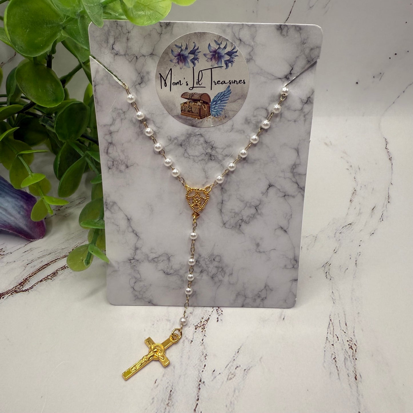 White Pearl Beaded Gold Chain & Crucifix • Doll Size Catholic Rosary for 18-22” Fashion or Vintage Dolls