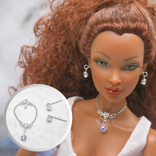 Clear & Light Purple Silver Doll Necklace & Earrings • 16 Inch Fashion Doll Jewelry
