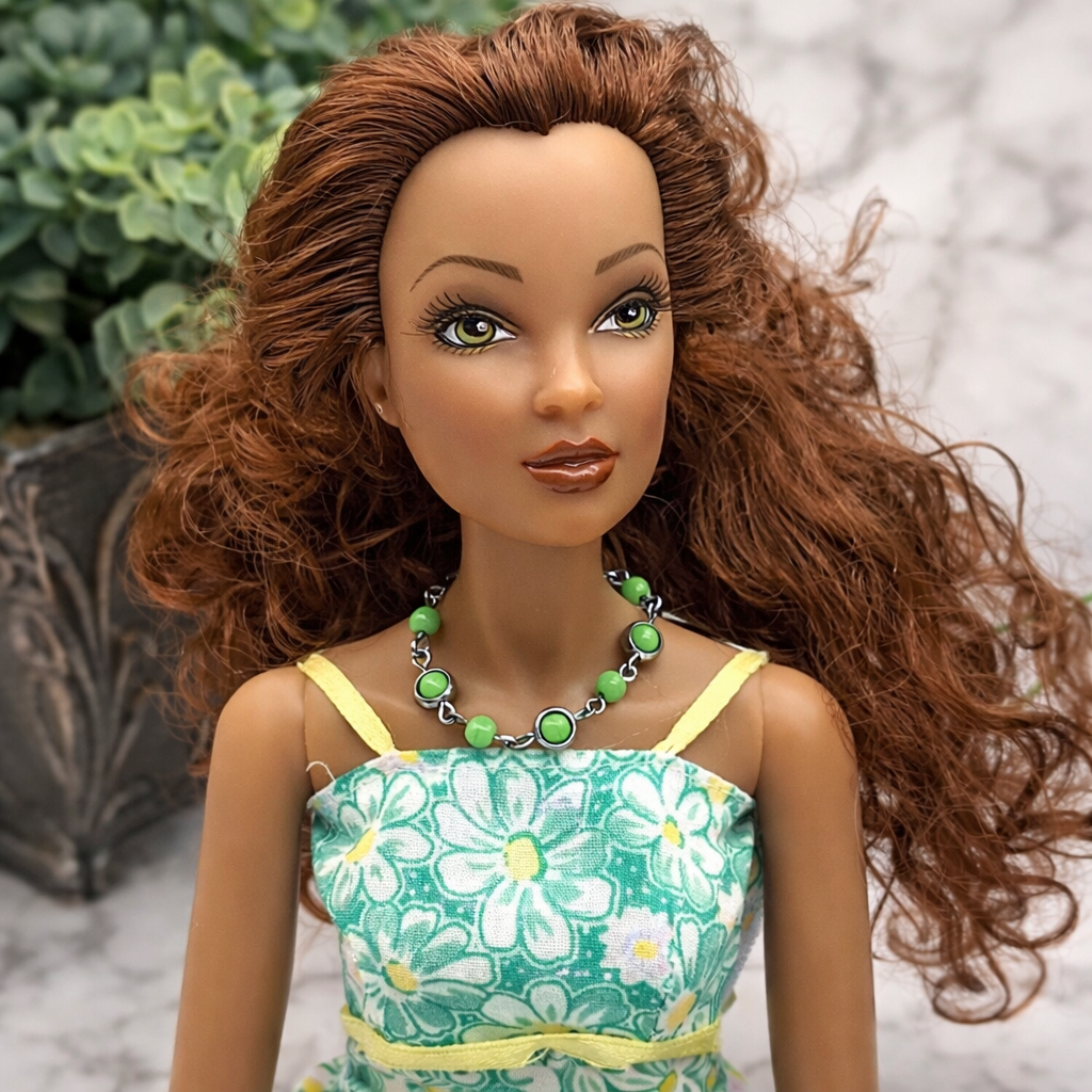 Green Glass Bead Silver Link Doll Necklace • 16 Inch Fashion Doll Jewelry