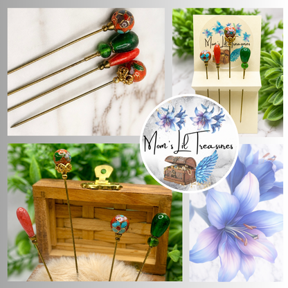 Green Orange Glass Flower Cloisonné Set of 4 • Stick Pins, Hatpins Gifts for Her