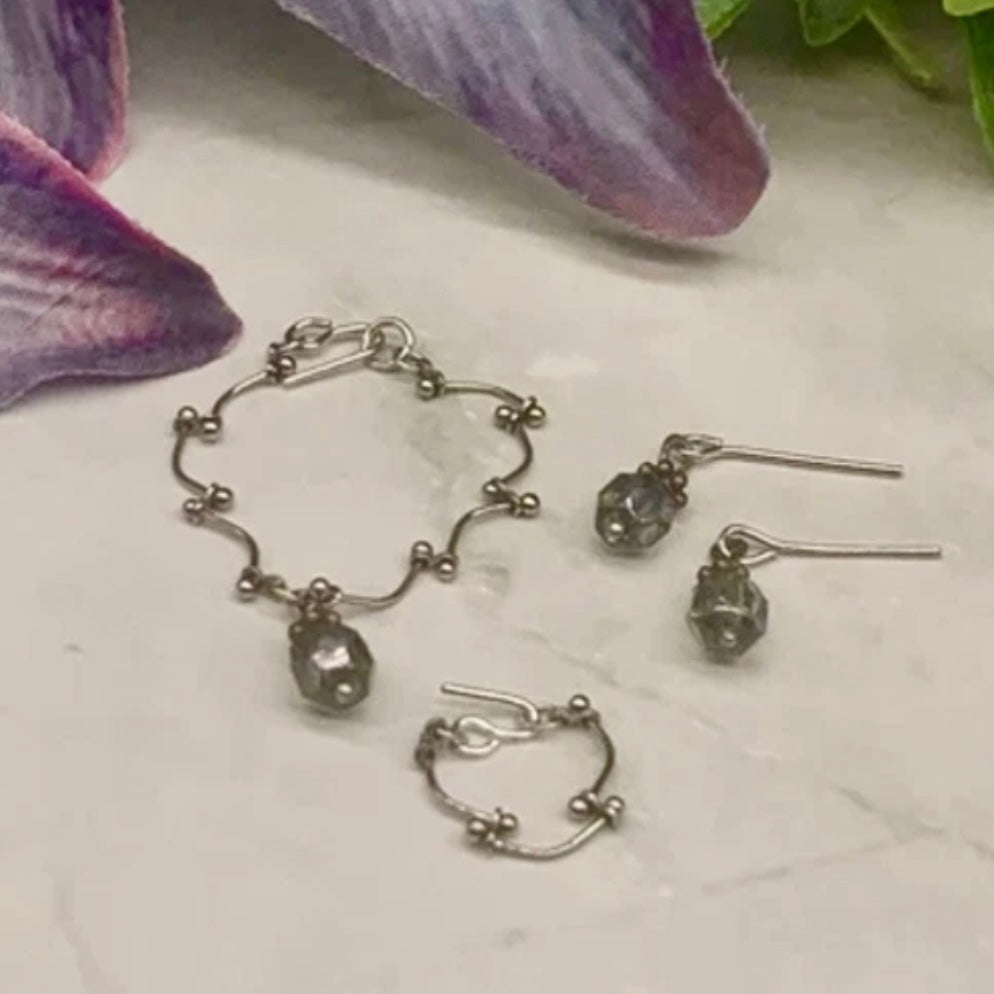 Grayish Green Crystal Silver Chain Doll Necklace Earring Bracelet Set • 16” Doll Jewelry