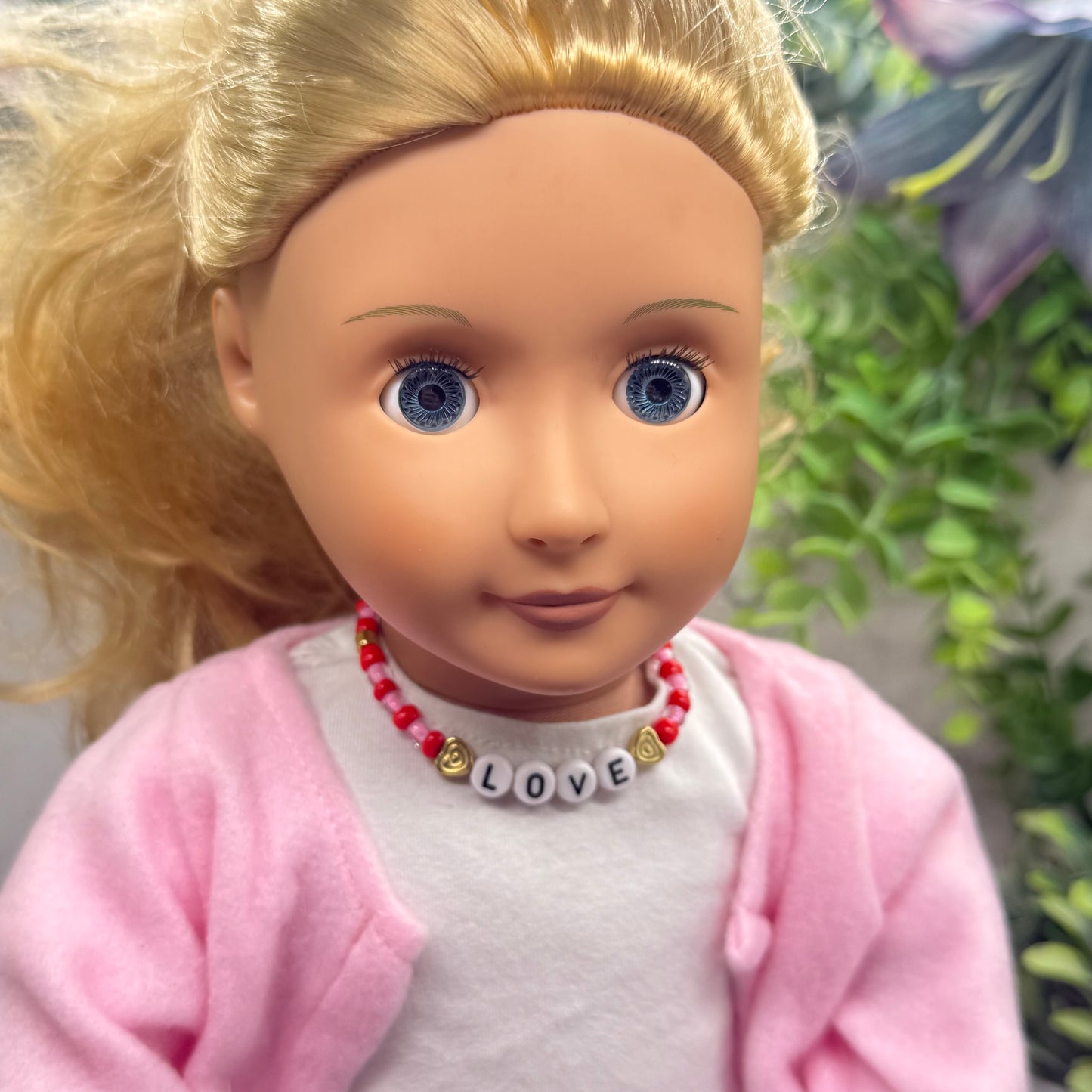 Pink Red Beaded LOVE Heart Valentine’s Day Doll Necklace • 18 Inch Fashion Doll Jewelry