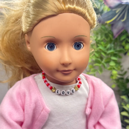Pink Red Beaded LOVE Heart Valentine’s Day Doll Necklace • 18 Inch Fashion Doll Jewelry