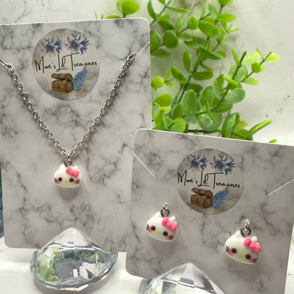 Hello Cat Pink Bow Kitty Charm Doll Necklace and Earrings Set • 18 Inch Fashion Doll Jewelry