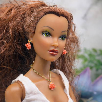 Coral Acrylic Rose Flower Charm Gold Chain Doll Necklace & Earrings • 16 Inch Fashion Doll Jewelry