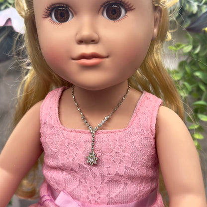 Flower Y Style Rhinestone Silver Doll Necklace • 18 inch Fashion Doll Jewelry