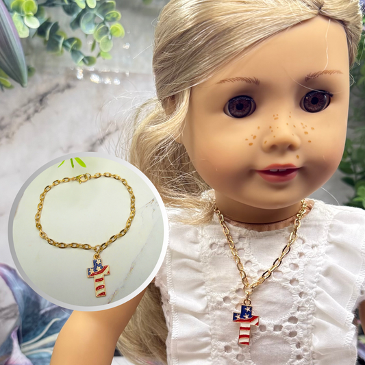 Red White Blue Flag Cross Charm Doll Necklace for 18 Inch Fashion Doll