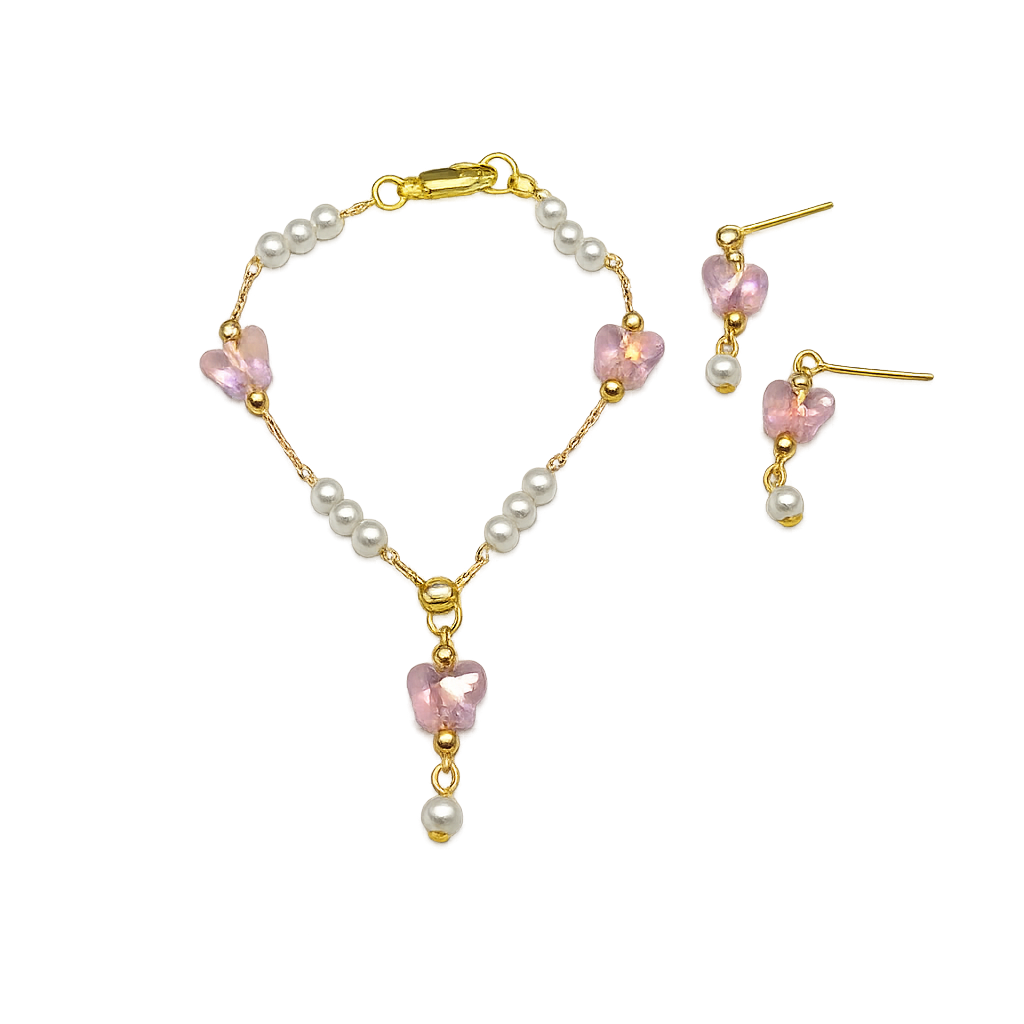 Pink Acrylic Crystal Butterfly & Pearl Gold Doll Necklace & Earrings • 18 Inch Fashion Doll Jewelry
