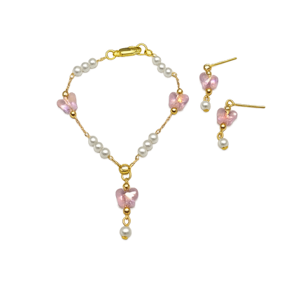 Pink Acrylic Crystal Butterfly & Pearl Gold Doll Necklace & Earrings • 18 Inch Fashion Doll Jewelry