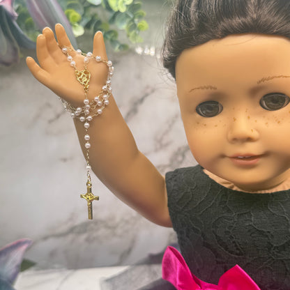 White Pearl Beaded Gold Chain & Crucifix • Doll Size Catholic Rosary for 18-22” Fashion or Vintage Dolls