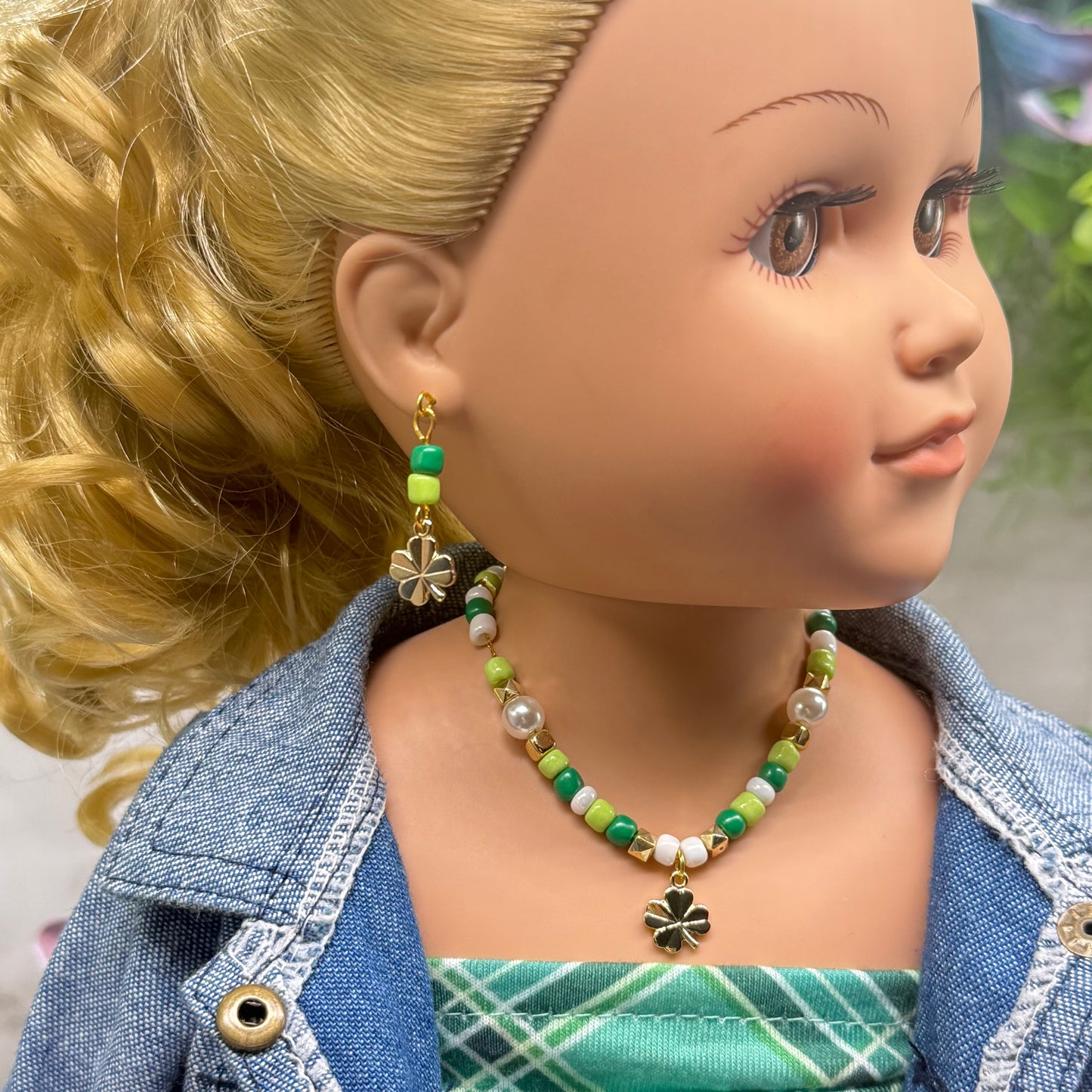 Green White Beaded Gold Shamrock Doll Necklace & Earrings Set • 18 Inch Fashion Doll Jewelry
