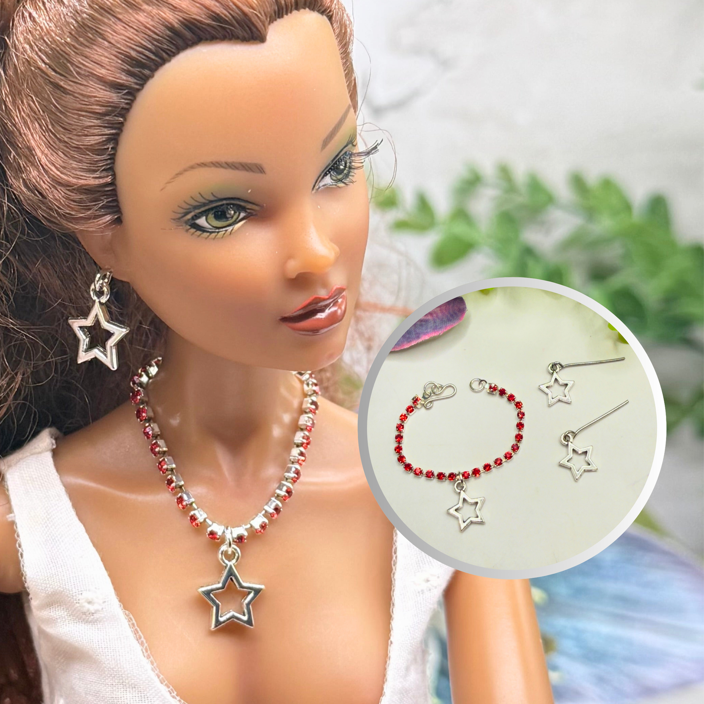 Red Rhinestone Silver Star Charm Doll Necklace & Earrings Set for 16 Inch Fashion Doll