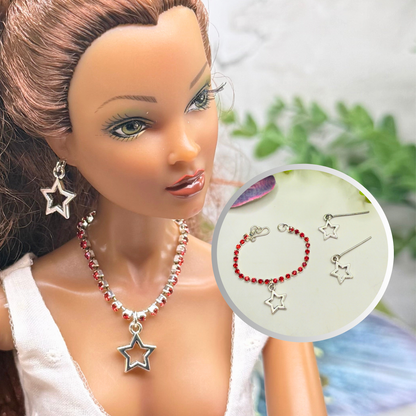 Red Rhinestone Silver Star Charm Doll Necklace & Earrings Set for 16 Inch Fashion Doll
