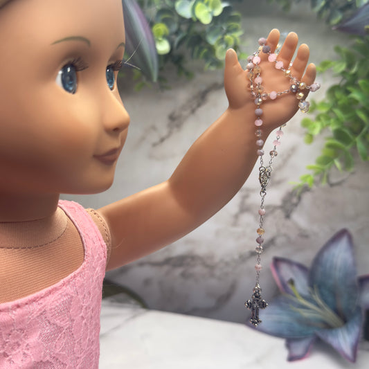 Multi Tone Pink Mauve Glass Beaded Catholic Rosary Doll Size 18-22” Fashion or Vintage Doll