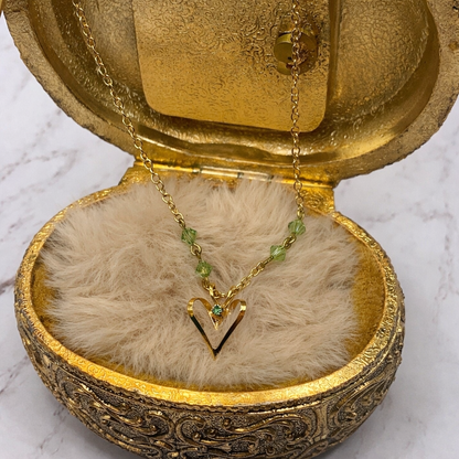 Gold Open Heart Pendant Green Glass Crystal Accent Doll Necklace • 18 Inch Doll Jewelry