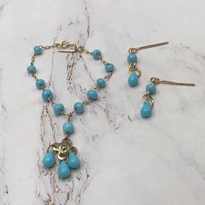 Blue Glass Beaded Pendant Necklace Earring Set • 16 Inch Fashion Doll Jewelry