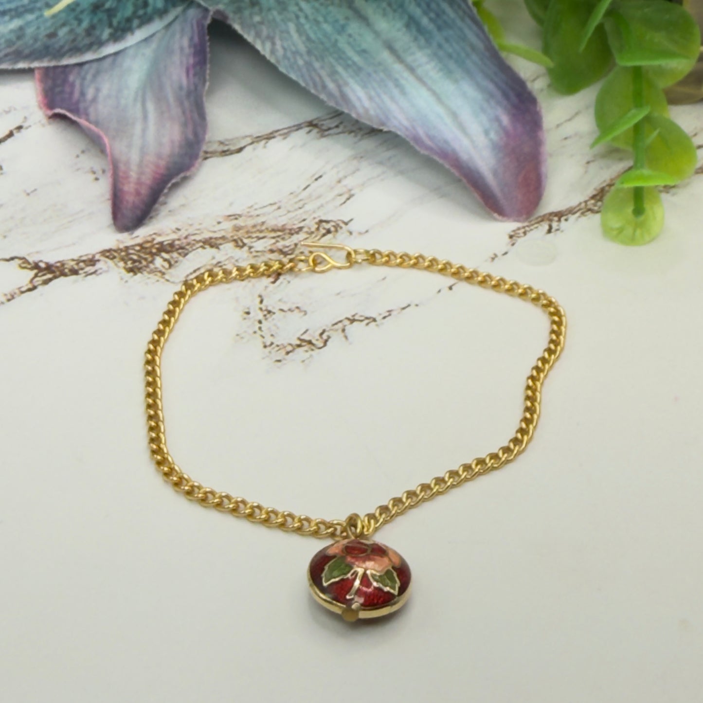 Burgundy Rose Design Round Cloisonné Pendant Doll Necklace • 18 Inch Fashion Doll Jewelry