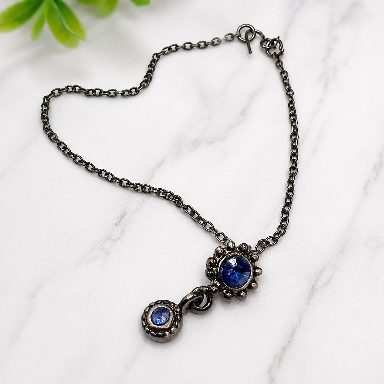 Blue Rhinestone Pendant Gun Metal Silver Chain Doll Necklace• 18 Inch Fashion Doll Jewelry