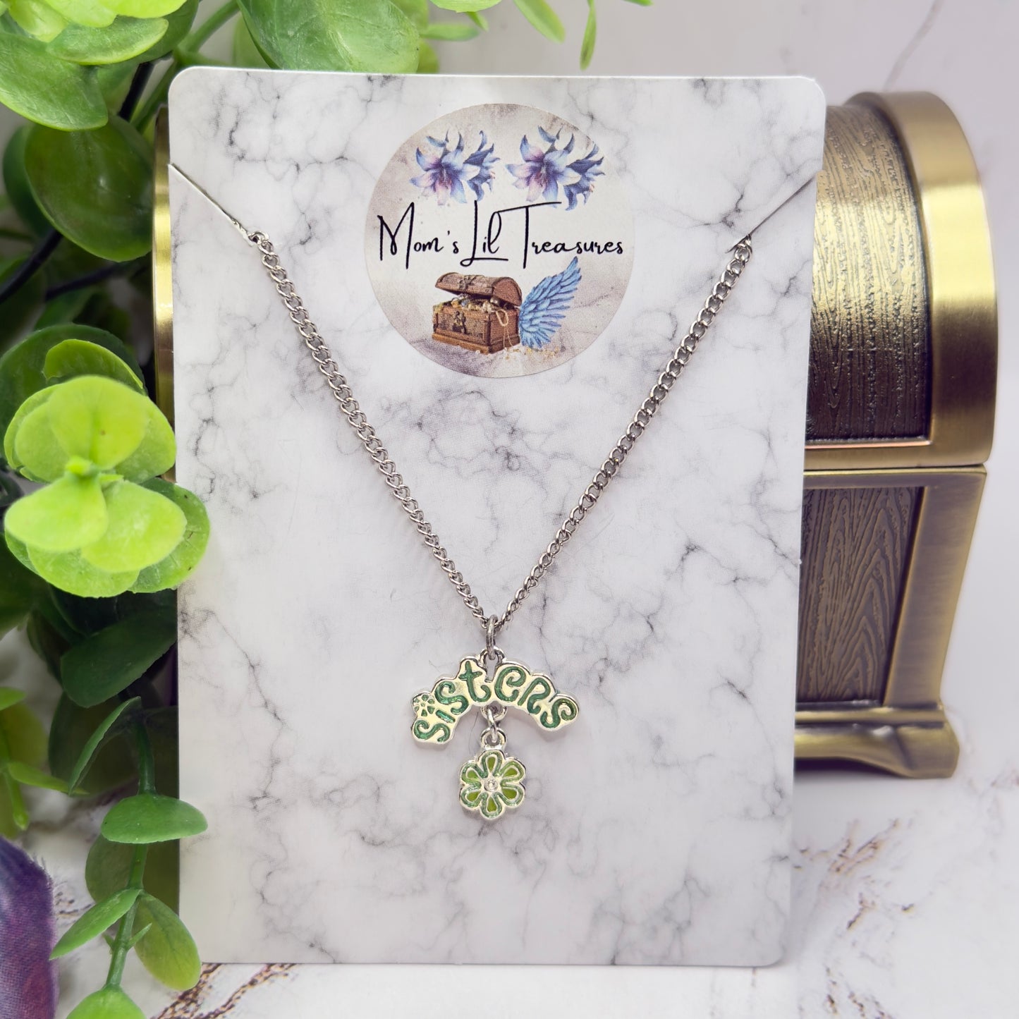 Sisters Green Enamel Charm Silver Doll Necklace • 18 Inch Fashion Doll Jewelry