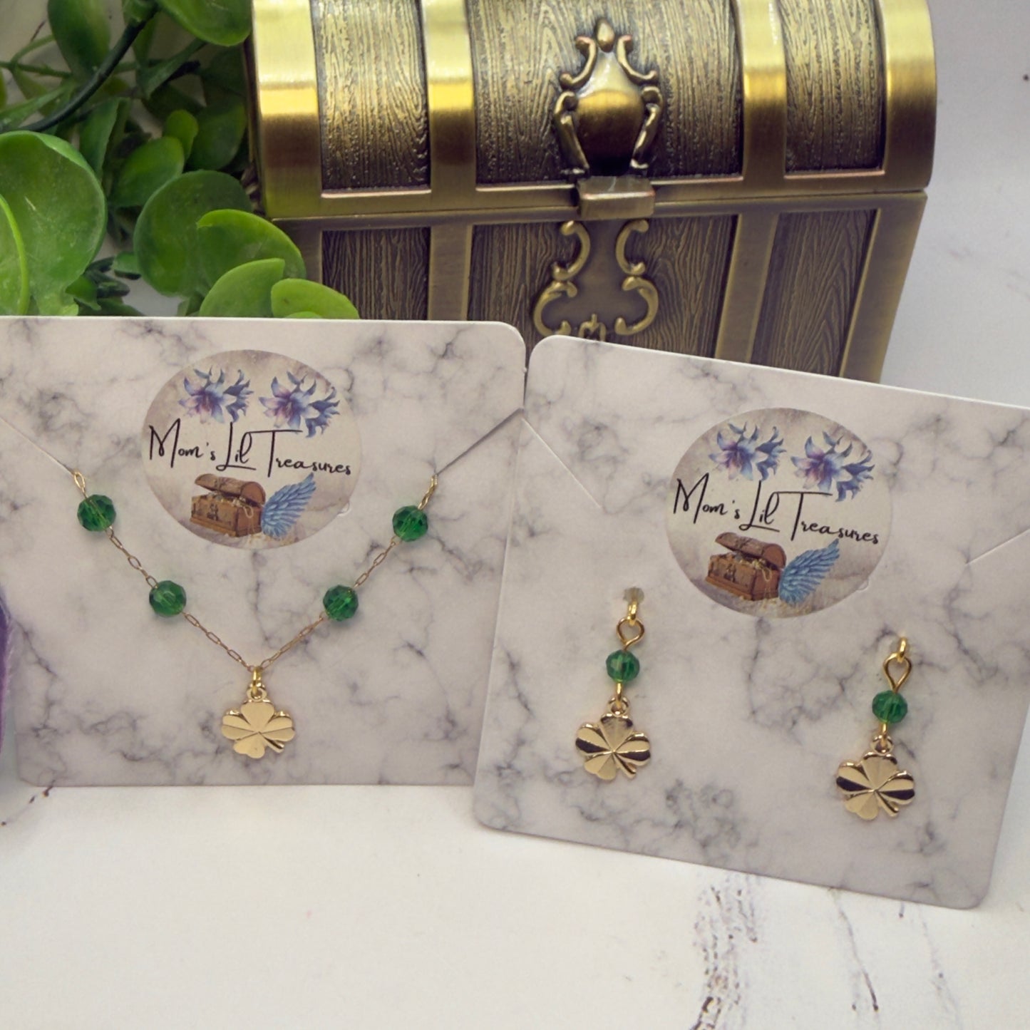 Green Bead Gold Four-Leaf Clover Doll Necklace & Earrings • 16 Inch Fashion Doll Jewelry