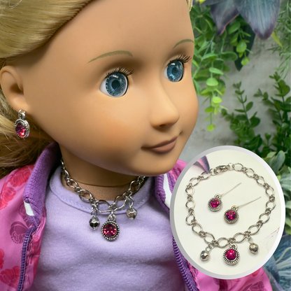 Dark Pink Rhinestone Large Silver Link Necklace & Earrings Set • 18 Inch Fashion Doll Jewelry
