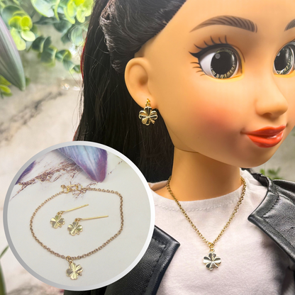 Gold Clover Charm Doll Necklace & Earrings • 18 Inch Fashion Doll Jewelry