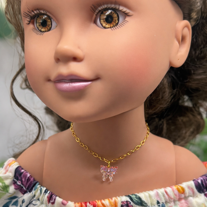 Pink Acrylic Butterfly Charm Gold Chain Doll Necklace • 18 Inch Fashion Doll Jewelry