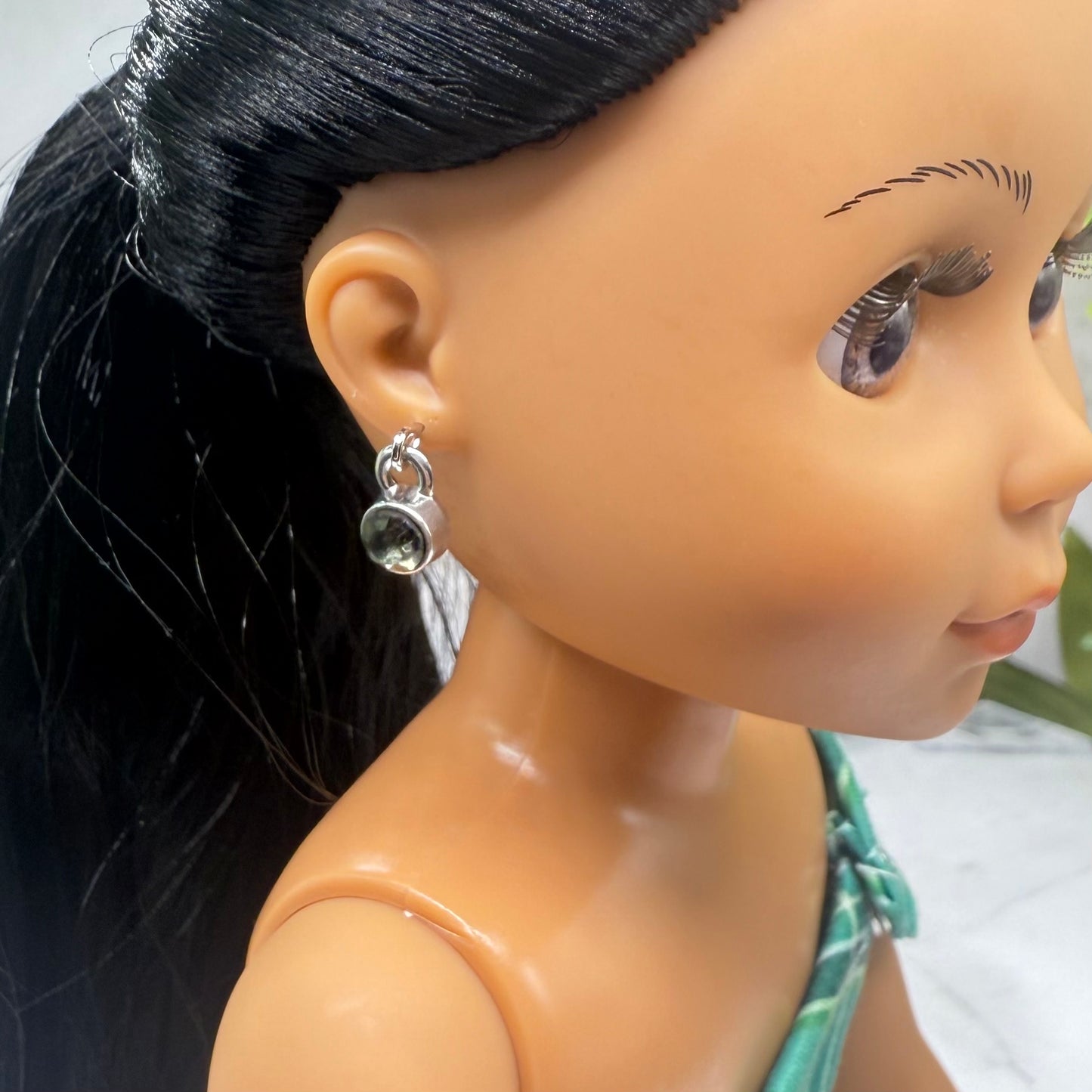 Olive Green Rhinestone Round Silver Dangle Doll Earrings • 14 Inch Fashion Doll Jewelry