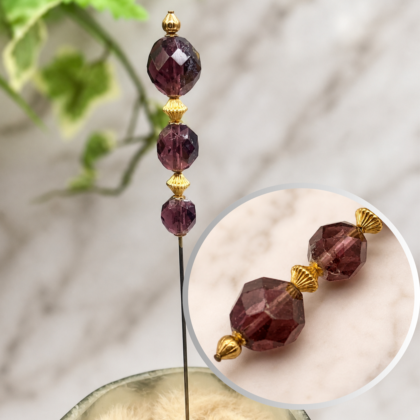 Purple Amethyst Glass Crystal Bead Gold Accents • 8” • Hatpin - Stick Pin