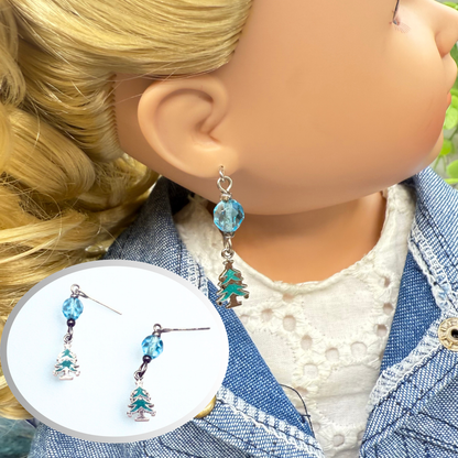Winter Tree Turquoise Blue Glass Crystal Dangle Doll Earrings • 18 Inch Fashion Doll Jewelry
