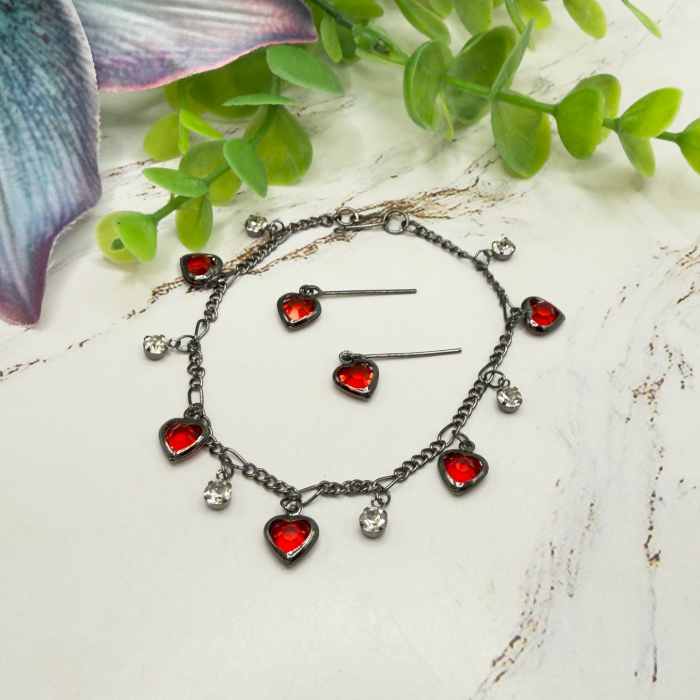 Red Rhinestone Heart Dangles Gunmetal Chain Doll Necklace & Earrings Set • 18 Inch Fashion Doll Jewelry