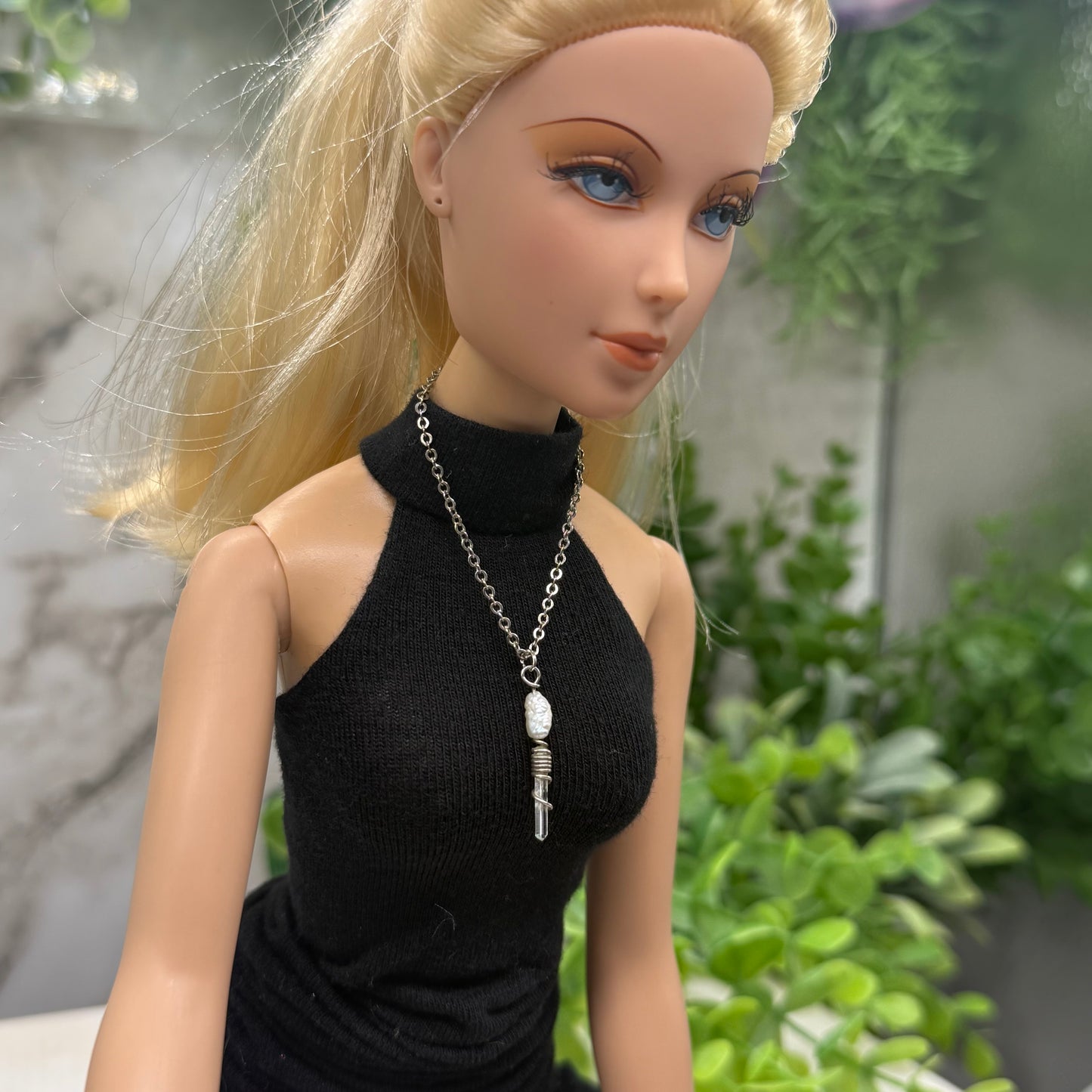 Crystal Quartz & Pearl Pendant Doll Necklace • 16 inch Fashion Doll Jewelry