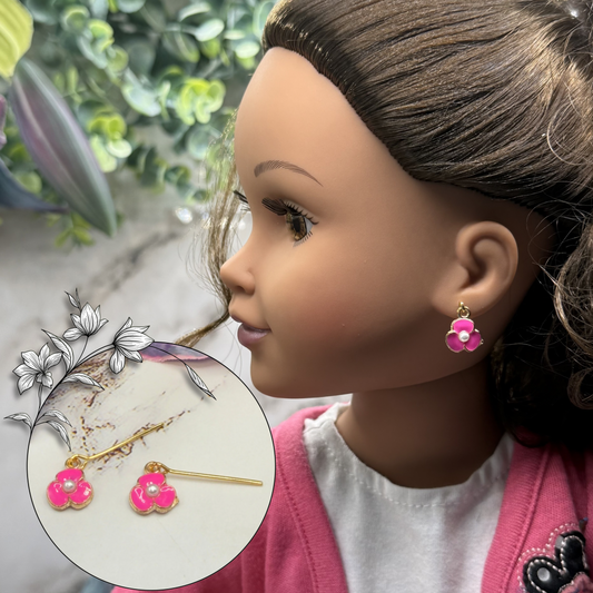 Vibrant Pink Enamel Inlay Flower Pearl Center Dangle Doll Earrings • 18 Inch Fashion Doll Jewelry