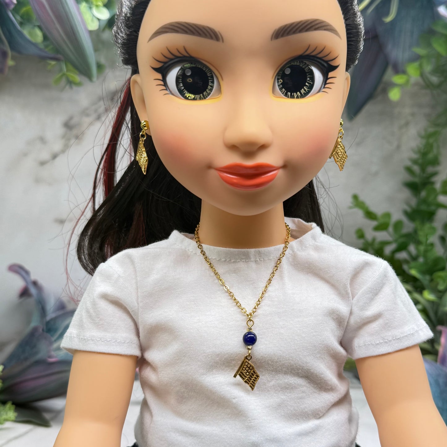 Blue Bead Gold Flag Dangle Doll Necklace & Earrings Set for 18 Inch Fashion Doll