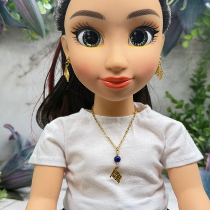 Blue Bead Gold Flag Dangle Doll Necklace & Earrings Set for 18 Inch Fashion Doll