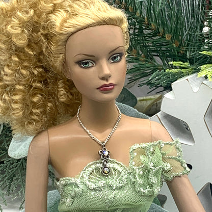AB Rhinestone Flower Pendant Silver Chain Doll Necklace • 16”  Doll Jewelry