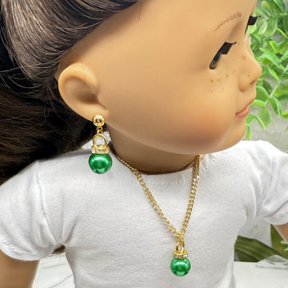 Green Christmas Ball Ornament Charm Doll Necklace & Dangle Doll Earrings • 2mm Post for 18 Inch Fashion Doll