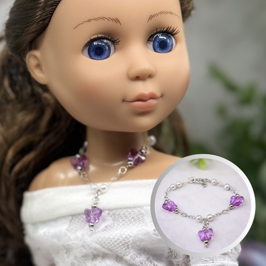 Purple Acrylic Crystal Butterfly & Pearl Silver Chain Doll Necklace for 14 Inch Fashion Dolls