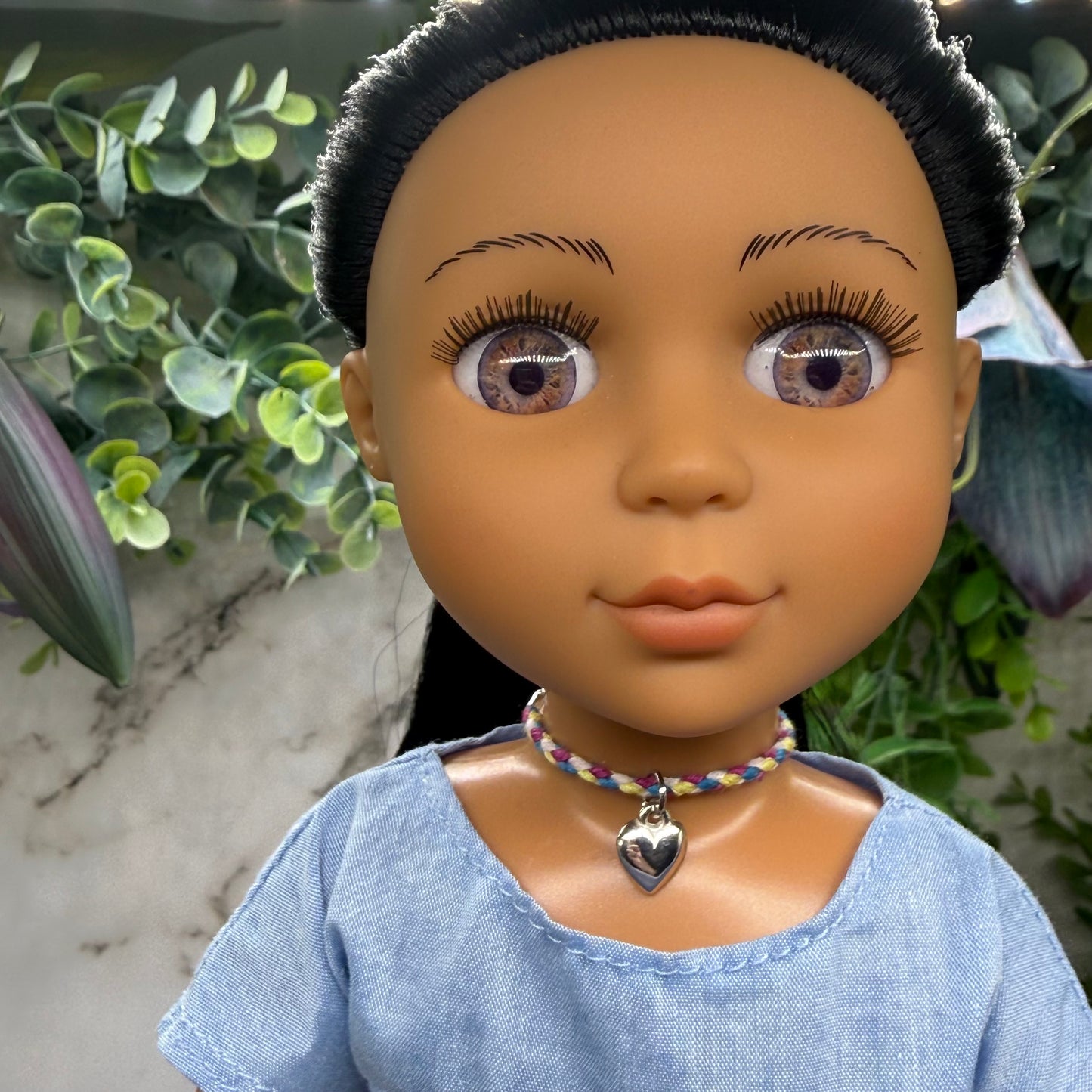 Braided Purple Blue Yellow Fabric Doll Necklace Silver Heart Charm • 14 Inch Fashion Doll Jewelry