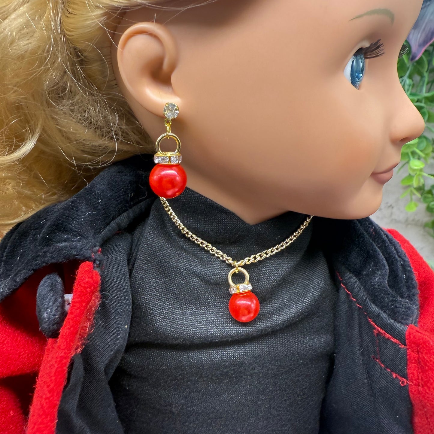 Red Pearly Christmas Ornament Charm Doll Necklace & Earrings Set • 18 Inch Fashion Doll Jewelry