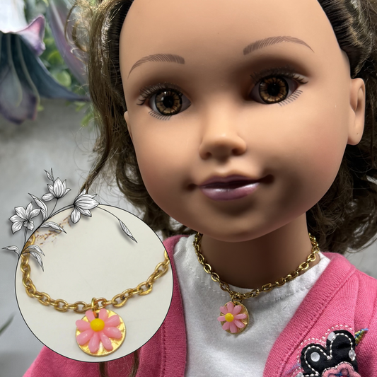 Pink Yellow Daisy Flower Pendant Gold Chain Doll Necklace • 18 Inch Fashion Doll Jewelry
