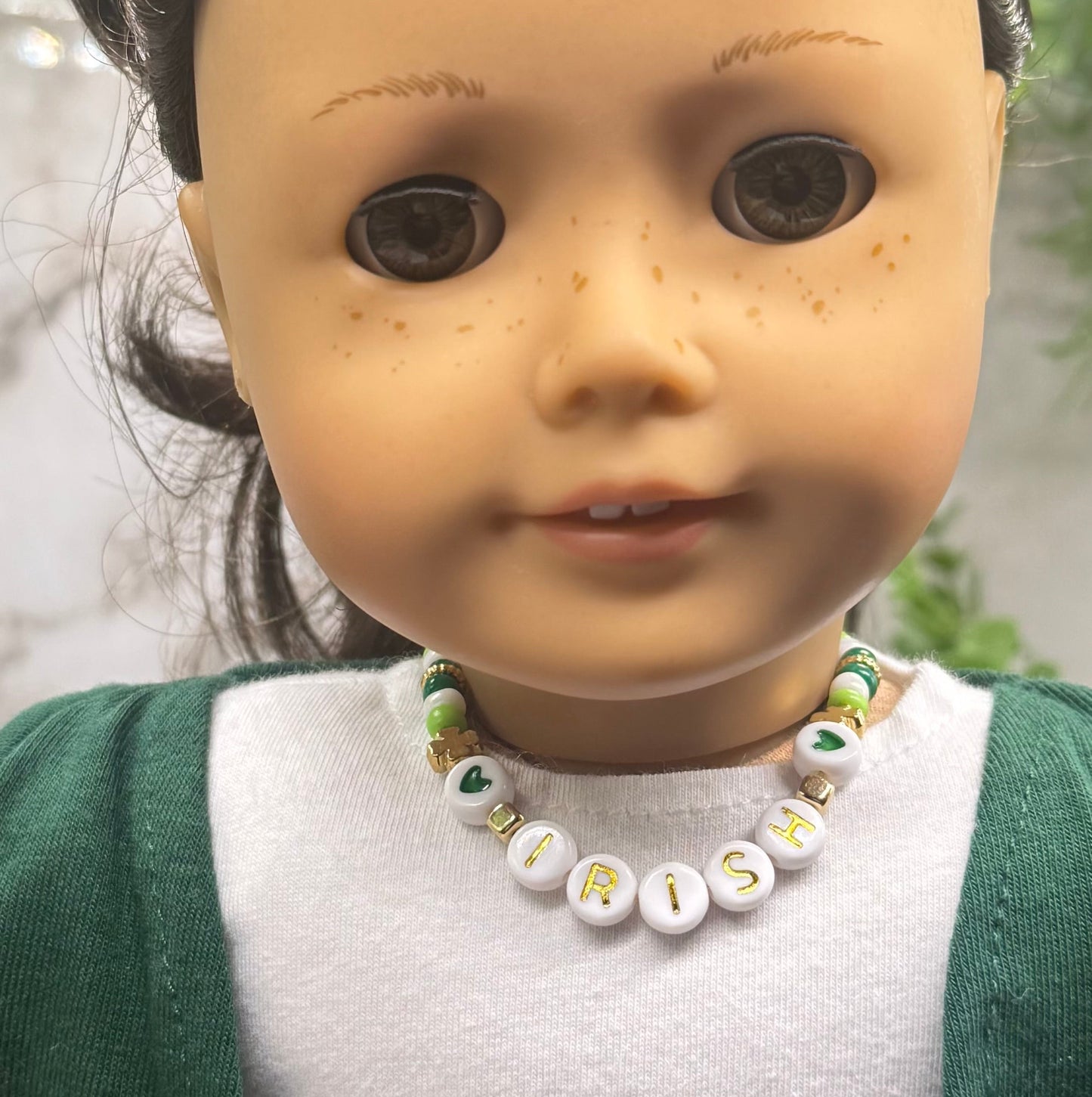 “IRISH” Green White Shamrock Beaded Doll Necklace • 18 Inch Fashion Doll Jewelry