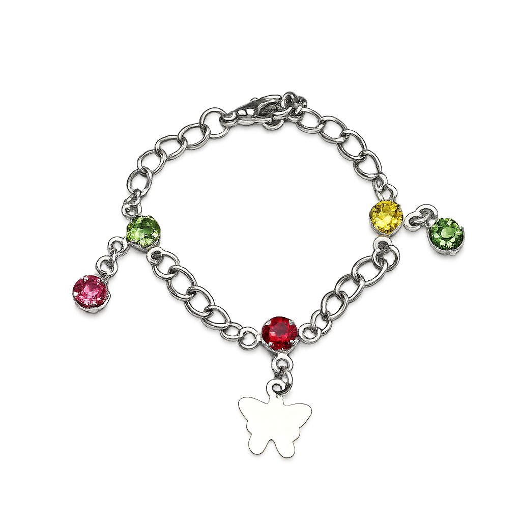 Butterfly Silver Charm and Multi-Color Rhinestone Dangle Doll Bracelet • 18 Inch Fashion Doll Jewelry