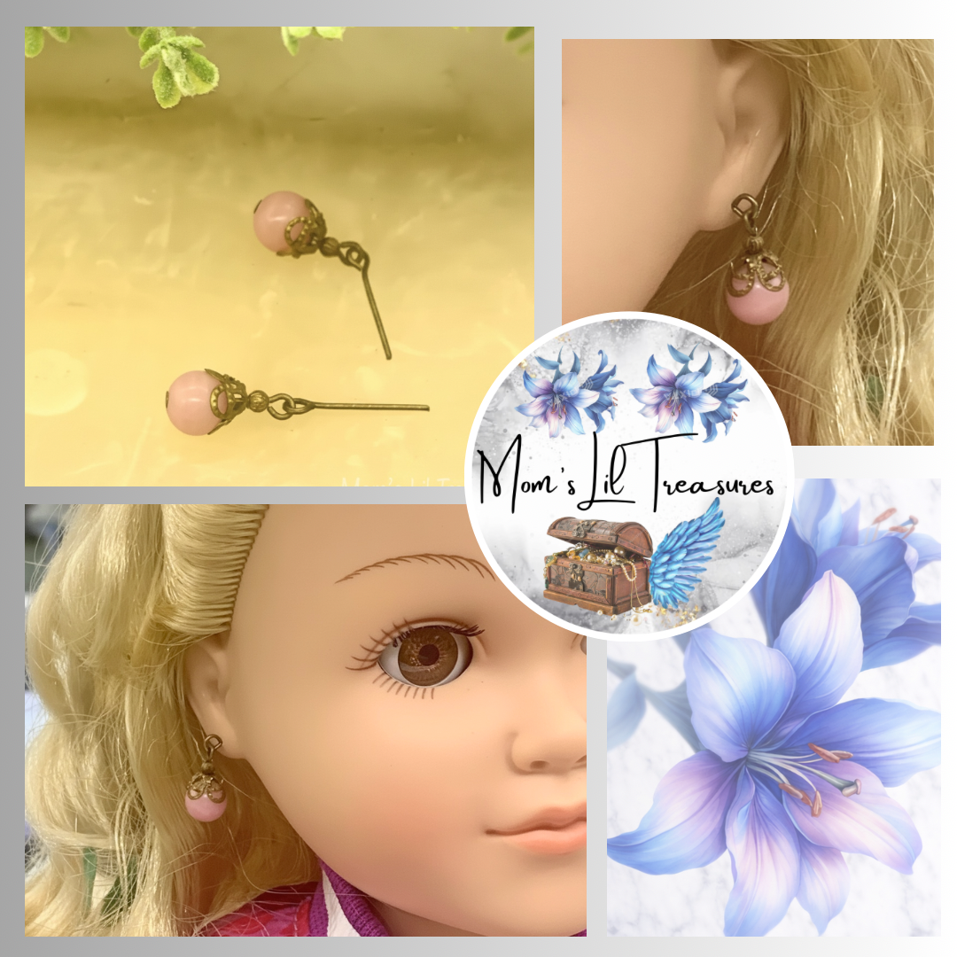Pink Brass Tone Filigree Glass Drop Dangle Doll Earrings • 18 Inch Doll Jewelry