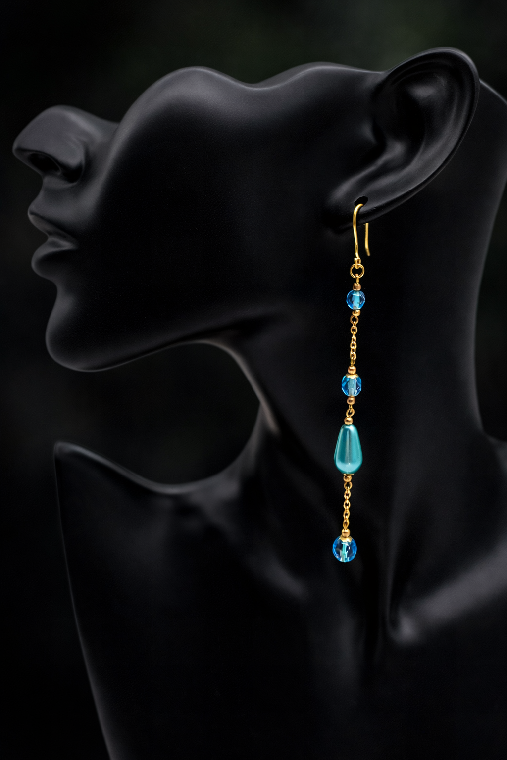 Handmade Duster Dangle Earrings -  Turquoise Crystal Faux Pearl Gold Tone Chain