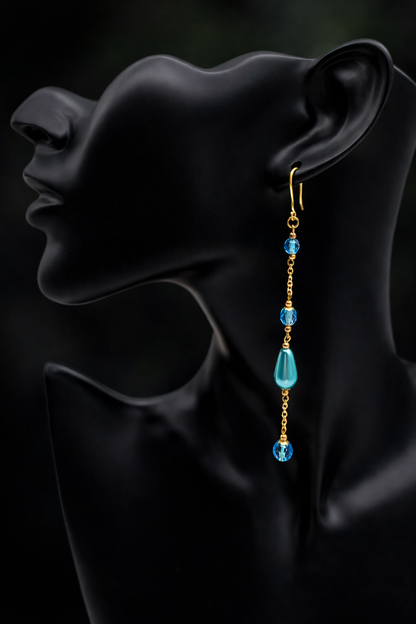 Handmade Duster Dangle Earrings -  Turquoise Crystal Faux Pearl Gold Tone Chain