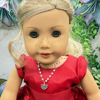 Silver Filigree Heart Charm Pearl Beaded Doll Necklace • 18 Inch Fashion Doll Jewelry