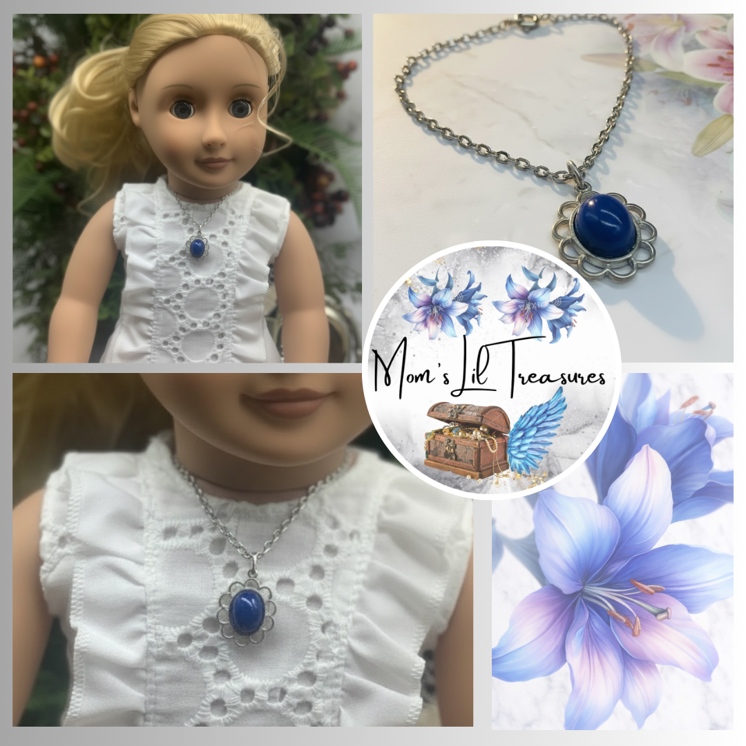 Oval Dark Blue Silver Filigree Pendant Doll Necklace • 18” Fashion Doll Jewelry